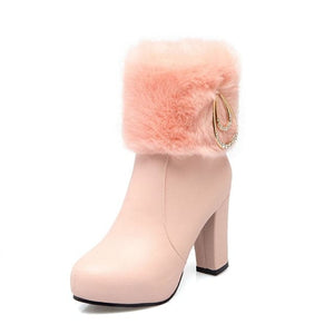 ROSALINE Design Women's Fashion Elegant Plush Fur White Pink & Black  Platform Rhinestone Shoes