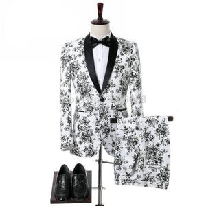 SZSUITS Men's Fashion Suit Sets With Pants Italian Tuxedo Polished Velvet Lapel Blazer White & Black Suit Set - Divine Inspiration Styles